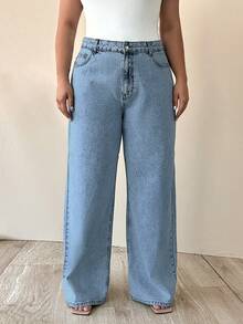 SHEIN Cottnline 100% Cotton High Waist Wide Leg Plus Size Jeans - Baby Blue - View 6