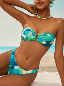 Swim Vcay Women's Summer Beach Vacation Style Patchwork Print Metal Ring Decor Ruched Bust Separate Bikini Set - Teal Blue - View 5