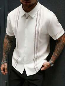 EGENSIO 男士印花翻领纽扣前开襟休闲短袖衬衫，夏季款 - 白色 - 查看 1