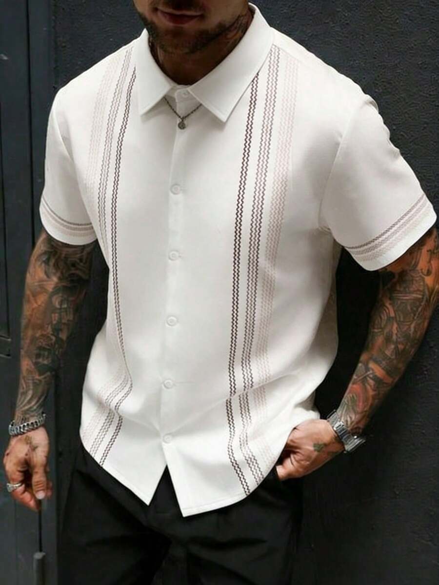 EGENSIO 男士印花翻领纽扣前开襟休闲短袖衬衫，夏季款 - 白色 - 查看 1