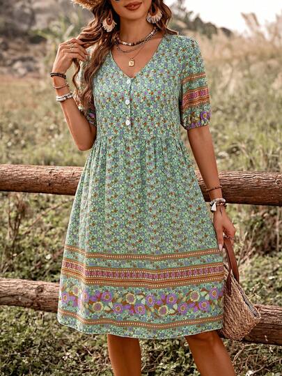 EMERY ROSE Floral Printed Buttoned Casual Dress Vacation Beach Outfits Women