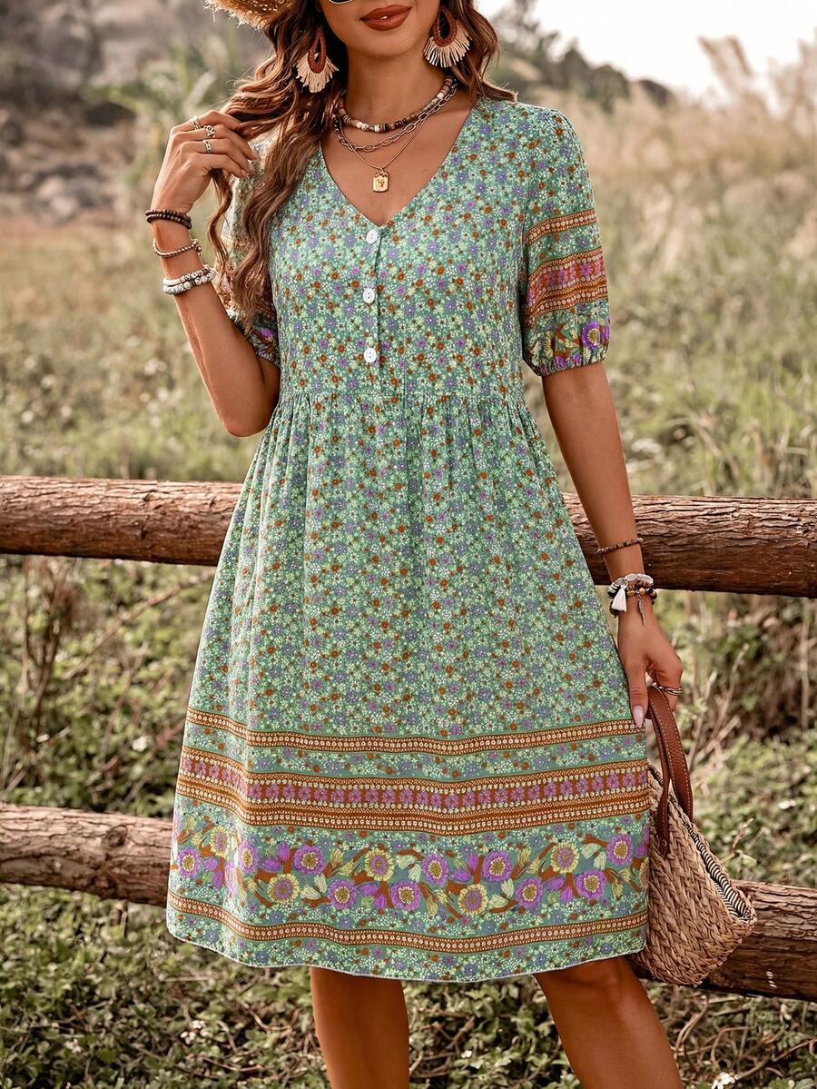 EMERY ROSE 印花纽扣休闲连衣裙，适合度假海滩穿着（女款） - 綠色 - 查看 1