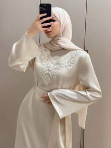 DAZY Women's Elegant Lace Patchwork Belted Loose Dress With Headscarf, 2 Pieces Set, Spring/Summer - Beige - View 7