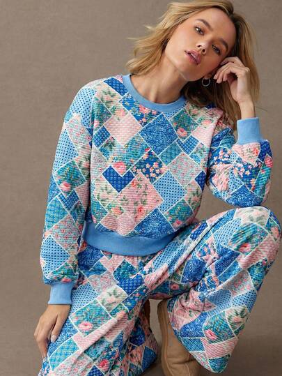 WESTFADE 拼接绗缝圆领长袖宽松卫衣，休闲可爱波西米亚风上衣，适合春季、度假、夏季、春假、音乐节、纳什维尔乡村音乐会、西部牛仔风女装、海滩度假、海滨牛仔风等场合。