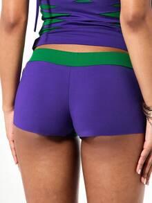 SUMWON WOMEN Women Cut Out Slashed Booty Shorts High Rise Festival Clubwear Purple Green Contrast Trim Short - Purple - View 4