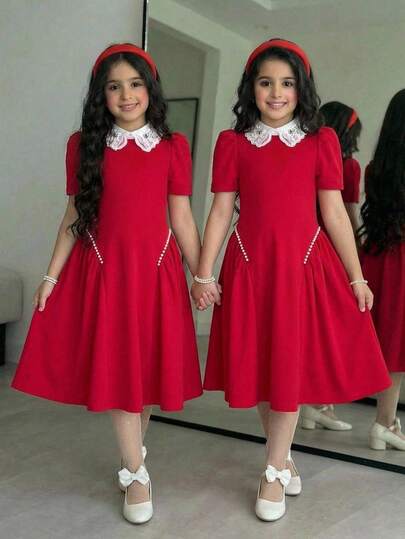 Tween Girl Elegant Pearl Embellished Square Neck Patchwork Hem Pearl Beaded Short Sleeve Dress, Red