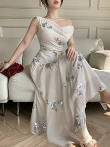 DAZY Women's Elegant Summer Off-White Sequin Embroidery Mesh Draped Neck Sleeveless Dress,Vacation Style Birthday Wedding Guest Sundress Cocktail Dress - White - View 1