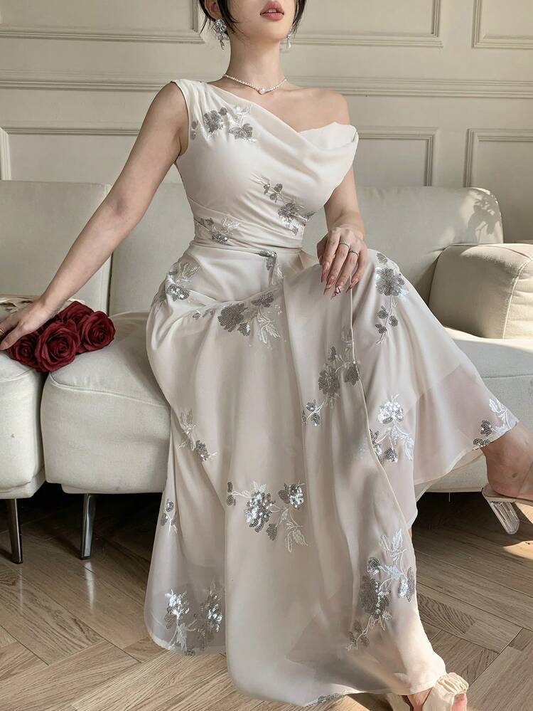 Women's Elegant Vacation Style Sequin Embroidery Mesh Draped Neck Sleeveless Dress, Summer Wedding Guest Dress,Valentine Outfits For Women Sundress Cocktail Dress