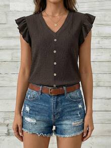 EMERY ROSE 咖啡色纹理竖条纹荷叶边前扣女式T恤 - 咖啡棕 - 查看 4