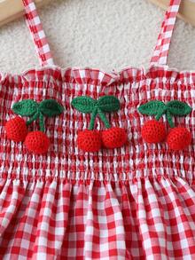 女童两件套：红白格子吊带背心和纯白色直筒裤，夏季 - 紅色 - 查看 4