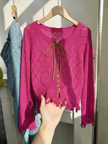 Franclia Blogger-Inspired Stylish Colorblock Lace-Up Hollow Floral Fringe Pullover Sweater, European & American New Arrival - Hot Pink - View 3