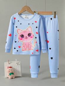 2pcs Girls Cute Cat & Heart Glow-In-The-Dark Print Snug Fit Pajama Set, Long Sleeve Top And Pants - Multicolor - View 4