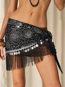 TRNVIE Sexy Retro Low-Waist Sequin Fringe Floral Pattern Asymmetric Hem Tie Waist Mini Skirt, Spring/Summer - Black - View 3