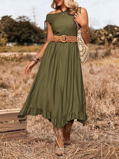 LanaWest Women's Solid Color Minimalist Casual Asymmetric Shoulder Dress