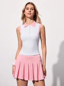 Gameset SHEIN Sport 女士撞色 Polo 领罗纹饰边按扣修身短款运动休闲网球 Polo 衫，适合所有季节，女士高尔夫球衫，女士运动服，女士健身上衣，女士夏季上衣，网球上衣，女士运动上衣 - 白色 - 查看 6