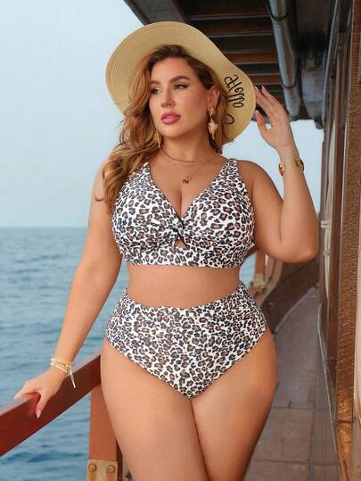 Swim Lushoire Plus Size Multicolor Leopard Print V-Neck Adjustable Strap Hollow Out Knotted Bikini Top Paired With High Waist Criss-Cross Ruffle Trim Triangle Bottoms, Sexy & Fashionable Beach Vacation Swimwear Set For Women