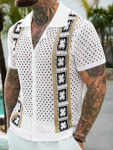 Manfinity RSRT 男士夏季休闲沙滩度假拼接图案V领开襟针织上衣 - 白色 - 查看 5