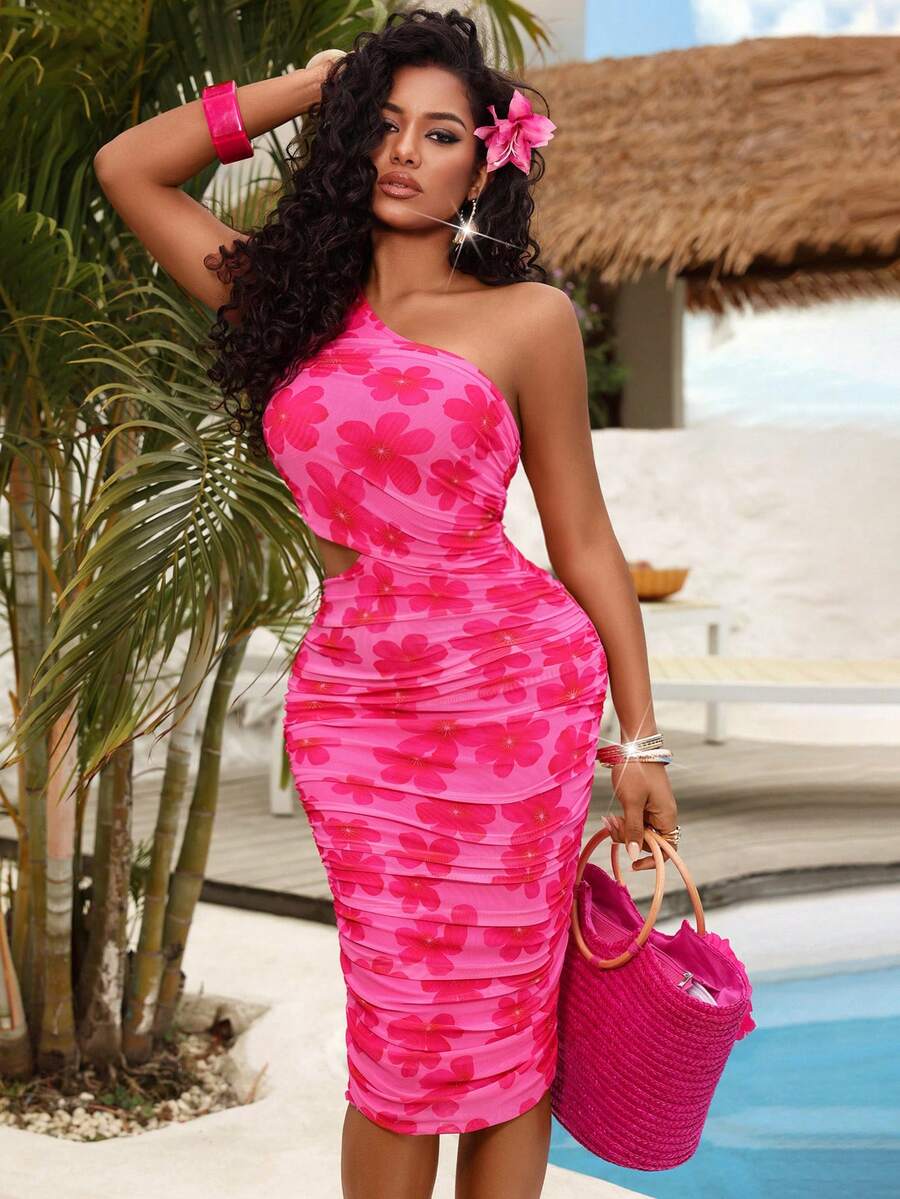 Lureya Women's Fashion Irregular Shoulder Exposed Waist Printed Vacation Pleated Floral Bodycon Cinched Waist Elegant Sexy Casual Outing Travel Beach Young Lady Crinkle Mesh Midi Dress - Multicolor - View 1