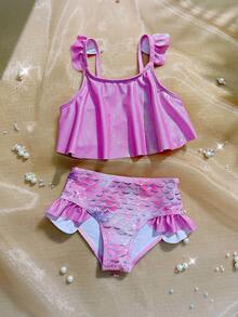 1件套女童可爱鱼鳞箔印花舒适针织泳衣套装，适合海滩、泳池、海边、冲浪、度假、夏季、旅行、假日。2件套粉色泳衣，适合7岁女孩。荧光粉色女童泳衣。两件套儿童泳衣，粉色上衣和裤子套装。2件套荷叶边领针织泳衣套装，比基尼上衣和泳裤。8岁女孩两件套荷叶边泳衣。 - 粉色 - 查看 3