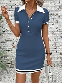 SHEIN LUNE Women's Short Sleeve Midi Dress,Blue And White Stripe,Summer,Casual,School,Back-To-School,Crossover Collar,Half-Button,Fitted,Contrast Trim - Blue - View 5