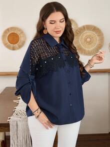 Lacomfia Plus Size Women's Navy Blue Summer Elegant Festa Hollow-Out Mesh Patchwork Long Sleeve Lace Rhinestone Blouse Cuff Diamond Decor Fashionable Jacket - Navy Blue - View 4