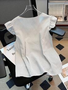 SHEIN LUNE CURVE 大码休闲通勤衬衫，带刺绣喇叭袖 - 藍色 - 查看 2