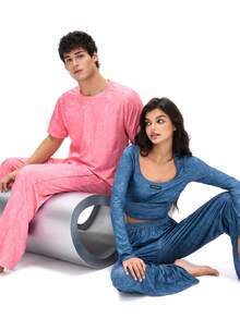 女士舒适字母拼接露脐上衣和长裤家居服套装，秋季 - 藍色 - 查看 7