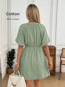 Easowa 圆领褶皱泡泡袖抽绳腰A字短袖连衣裙，100%双层绉纱面料，休闲舒适优雅通勤度假春夏女装 - 綠色 - 查看 6