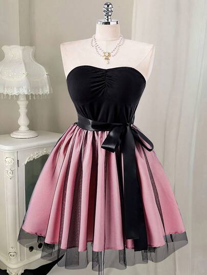 Rometta Plus Size Spring/Summer Strapless Cinched Waist Mesh Contrast Color Bow Tie Strap Double-Layer Puff Princess Dress, Exquisite Elegant Retro Socialite Vacation Slimming Sexy Luxurious Wedding Season Mini Sleeveless Dress