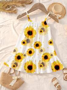 SHEIN 1pc Baby Girl6 Months - 2-3 Years) Sunflower Print Sleeveless Dress, Lightweight Fabric, Fresh & Healing Children Dress, Suitable For Beach Vacation/Casual Wear, Summer - Multicolor - View 2