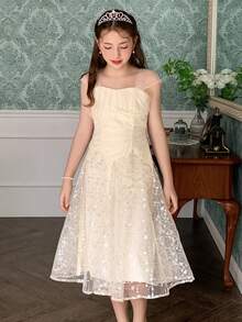 DAZY 少女网纱拼接连衣裙，秋季款 - 杏色 - 查看 4