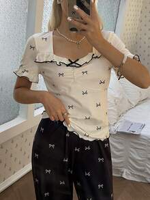 SHEIN 蝴蝶结印花短袖睡衣套装 - 彩色 - 查看 5