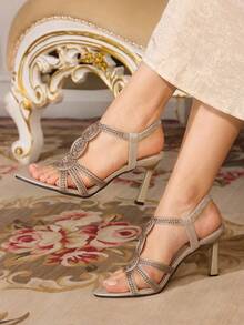 CUCCOO TILAWA Women's High Heel Sandals, Spring/Summer Fashion New Round Embroidered Fabric Gold Rhinestone Luxurious Elegant Pointed Toe Stiletto Heel Sandals - Gold - View 2