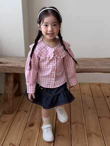 DAZY Camisa casual de manga larga con estampado a cuadros, estilo coreano para niña bebé - Rosa - Ver 3