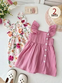Playful Pals 2pcs/Set Baby GirlPlaid & Floral Print Ruffle Sleeve Button Front Dress, Cute For Summer Vacation - Pink - View 10