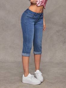 Jeanoix Y2K Women's Fashion Casual Versatile Fold-Over 7/8 Stretch Skinny Jeans - Dark Wash - View 4