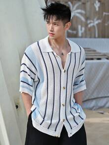 DAZY Áo khoác cardigan nam tay ngắn kẻ sọc, kiểu dáng mùa hè. - Màu xanh lam - Xem 3