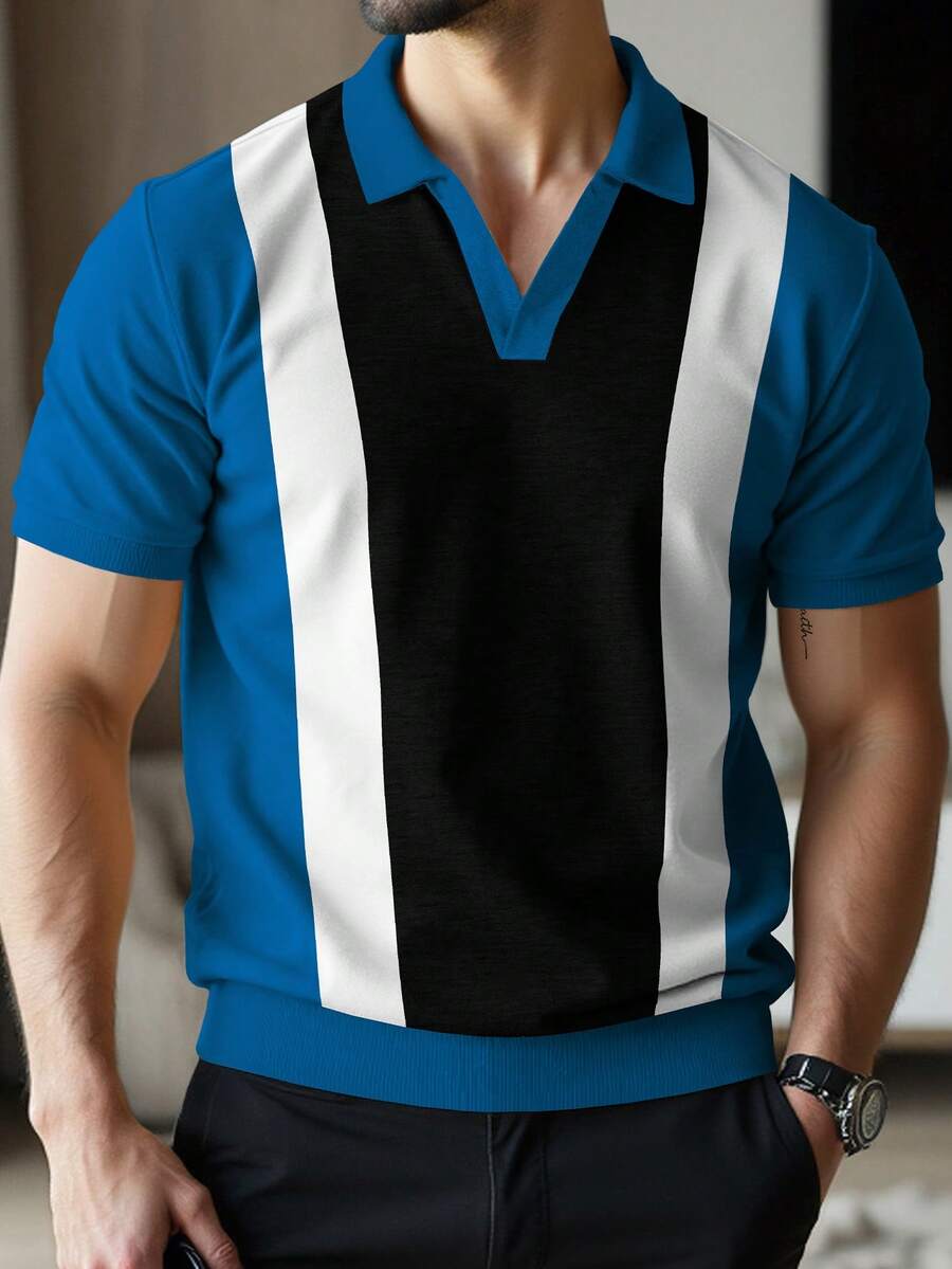 Manfinity Homme 男士条纹休闲通勤短袖Polo衫 - 彩色 - 查看 1