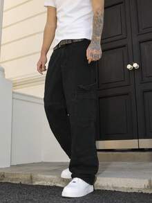 Manfinity LEGND Quần jean denim cargo nhiều túi màu đen dành cho nam, quần dài ống rộng dáng suông. - màu đen - Xem 6