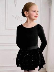 Conjunto de 2 piezas de vestido de ballet transparente con manga larga y dobladillo con lentejuelas para niña joven - Negro - Ver 6