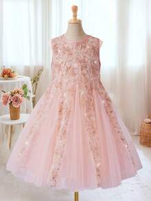 Vestido de fiesta sin mangas con collar de perlas rosa y malla con flores 3D, adecuado para fiestas y festivales - Rosa - Ver 6
