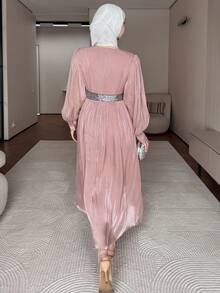 DAZY 女士优雅亮片撞色V领纹理中长连衣裙，春夏款，婚礼宾客礼服，女士吊带裙 - 粉色 - 查看 2