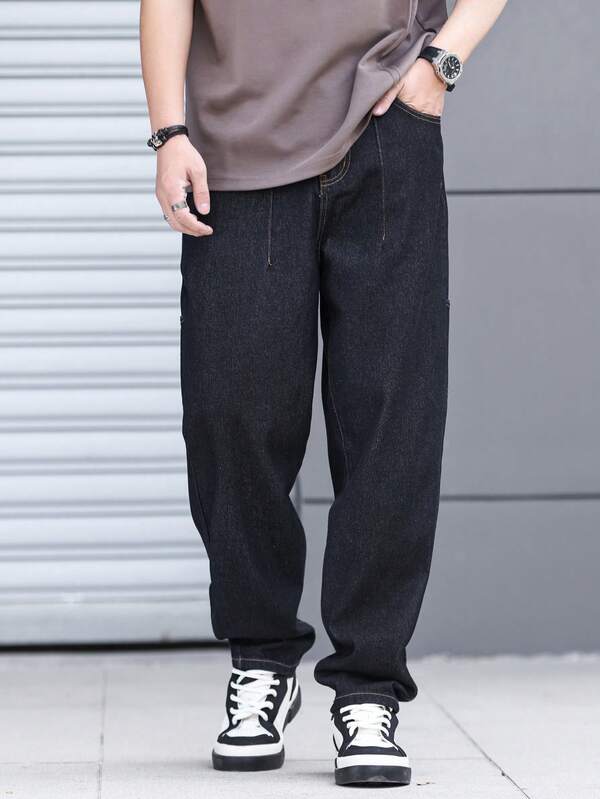 Manfinity Hypemode Stylish Men's Dark Wash Tapered Denim Jeans Casual Plain Zipper Long Pants