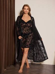 Slumberist Delicate Mesh Flocked Collar Nightgown And Plus Size Robe Set - Black - View 5