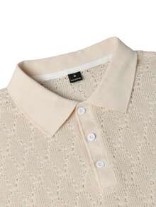 Manfinity Bizformal 男士短袖纹理面料 Polo 衫，适合外出和聚会，奶油色上衣，男士钩针衬衫，针织男士衬衫 - 杏色 - 查看 7