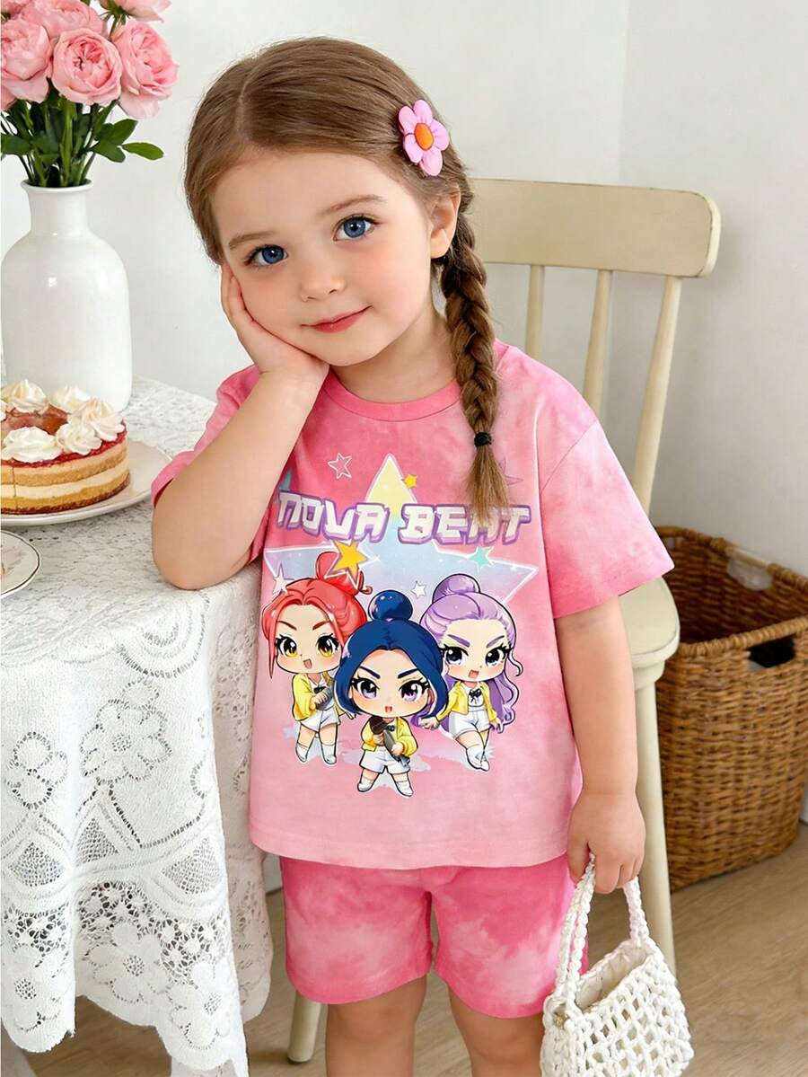2pcs/Set Baby Girl Casual Fashionable K-POP Cartoon Girl Pentagram Tie-Dye Tie Dye Short Sleeve Knit T-Shirt And Matching Tie-Dye Shorts Set, Comfortable For Daily And Holiday Wear - Multicolor - View 1