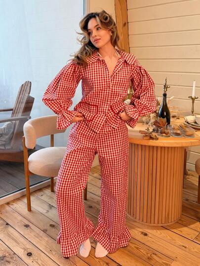 Katetique Women's Autumn And Winter Clothing For Home And Casual, Sweet And Clean Girl Christmas Pajamas, Christmas Clothes, Check Shirts, Plaid Light Pajamas, Plaid Shirts With Red Plaid Doll Collars, Ruffle Sleeves, Contrasting Pockets And Ruffled Plaid Trousers, Affordable Two-Piece Suits.