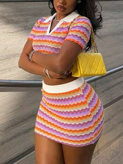 Rovax This Women's Two Pieces Y2K Summer Set Includes A Contrasting Wave-Patterned Knit Polo Shirt And A Mini Skirt, Making It Ideal For Summer Wear. Casual Yet Sexy, It's Suitable For Daily Commutes, Parties, Gatherings, And Back-To-School Season. This Outfit Features Textured Knit Fabric And A Contrasting Color Design.