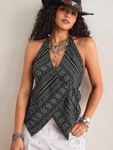 Freevana Plus Size Summer Asymmetric Hem Paisley Print Halter Neck Camisole Bohemian Festival Western Style Street Style Vacation Summer Strappy Top Black Top - Black - View 5