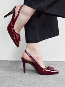 CUCCOO BIZCHIC Giày cao gót mũi nhọn quai hậu, sandal gót nhọn nữ, giày đế mỏng, trang phục ngoài thời trang thanh lịch, cúc cài sáng màu, thích hợp mang hàng ngày nơi công sở, giày cao gót mũi nhọn bằng da bóng màu đỏ tía, giày gót nhọn quai hậu, giày mùa xuân. - Màu Đỏ Sâu - Xem 3